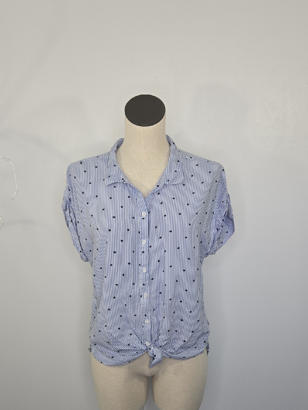 Alexander Jordan Light Blue Striped Button Up Tie Front Shirt SZ L